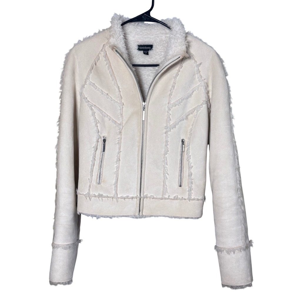 Bebe Cream Faux Suede Shearling Lined Zip Up Jacket Womens Medium